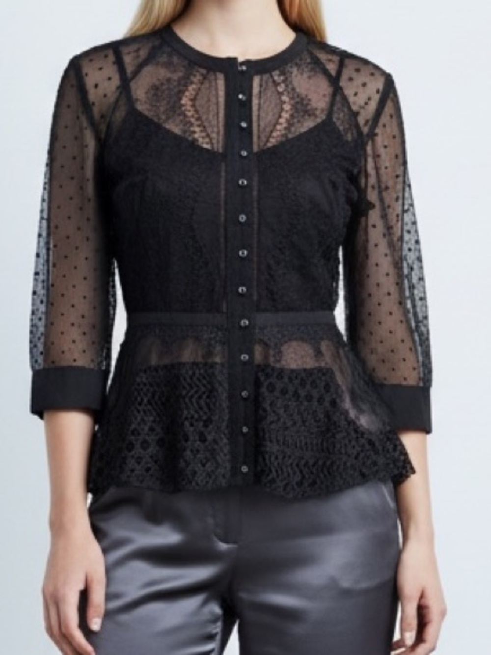 Byron Lars Beauty Mark Black Peplum Lace Blouse Top Small